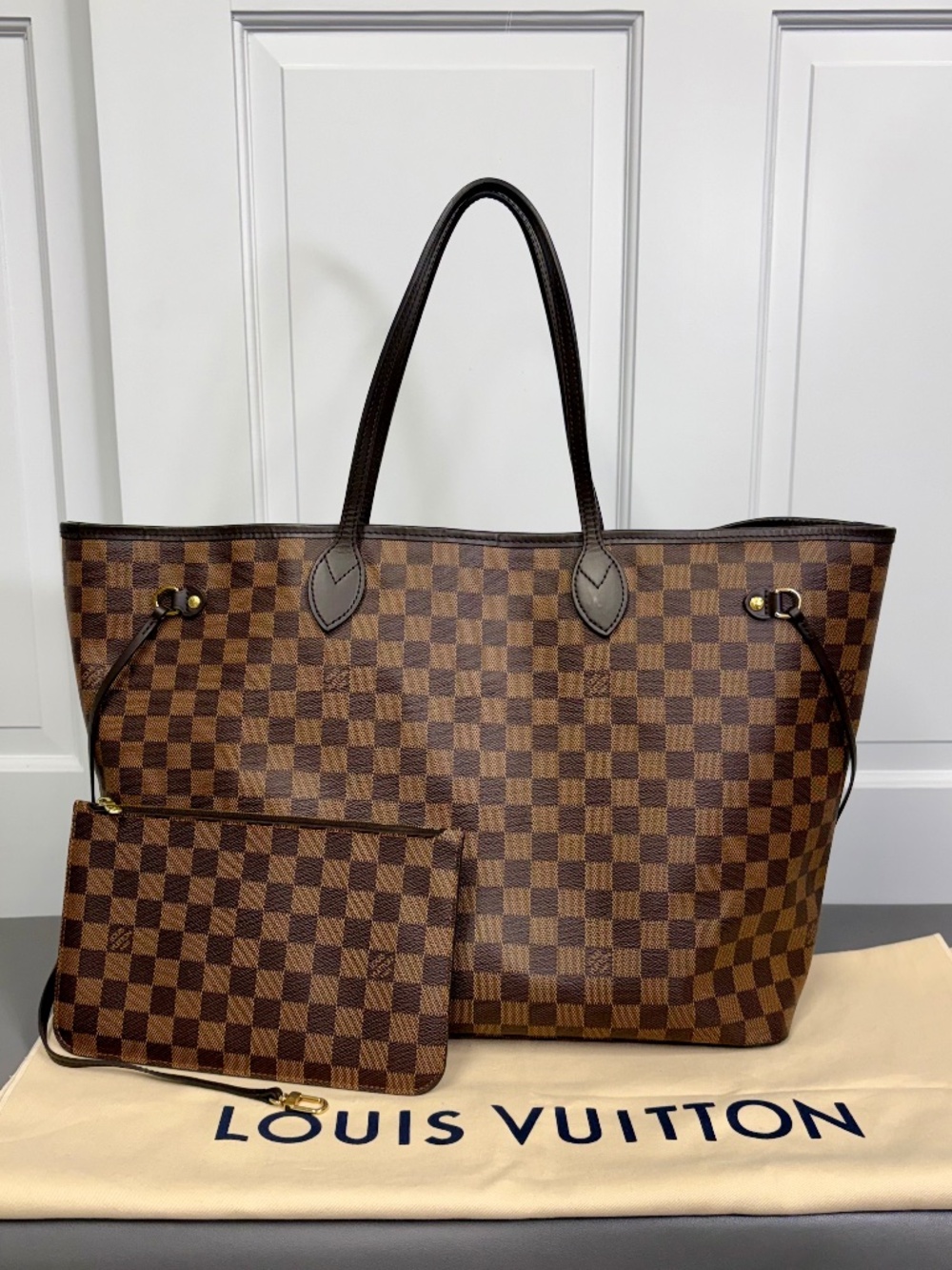 Louis Vuitton Neverfull GM Damier Ebene Canvas Tote Bag with Pouch